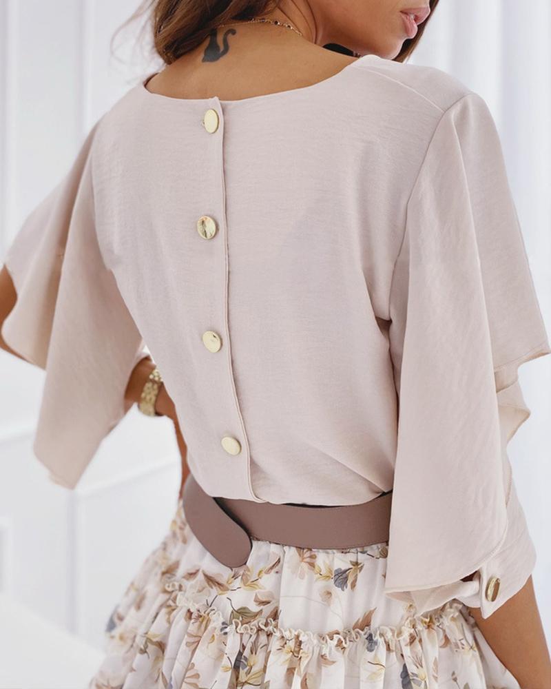 

Solid Button-up Short Sleeve Loose Blouse, Beige