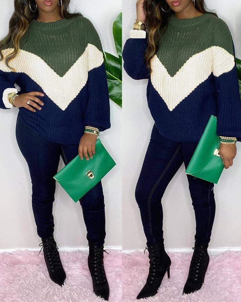 

Colorblock Long Sleeve Casual Sweater, Army green