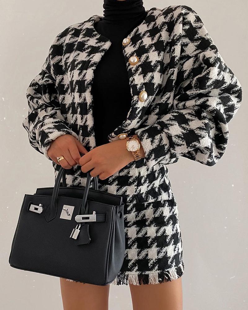 

Plaid Long Sleeve Loose Coats Skirts Suit Sets, Black