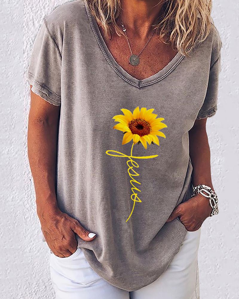 

Sunflower Print Letter Pattern Casual T-shirt, Gray