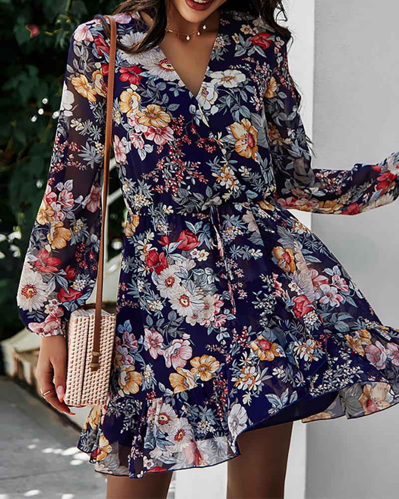 

Floral Print Sheer Mesh Ruffle Hem Women Dress, Dark blue