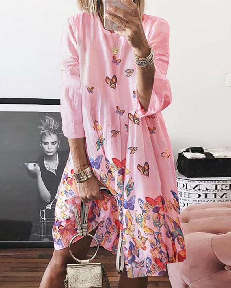 

Butterfly Print Long Sleeve Casual Dress, Pink