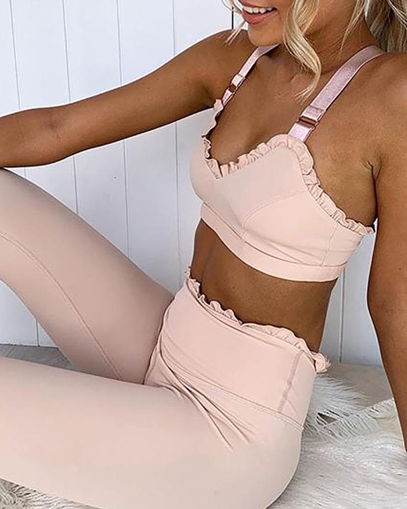 

Frill Hem Crop Top & High Waist Pants Set, Pink