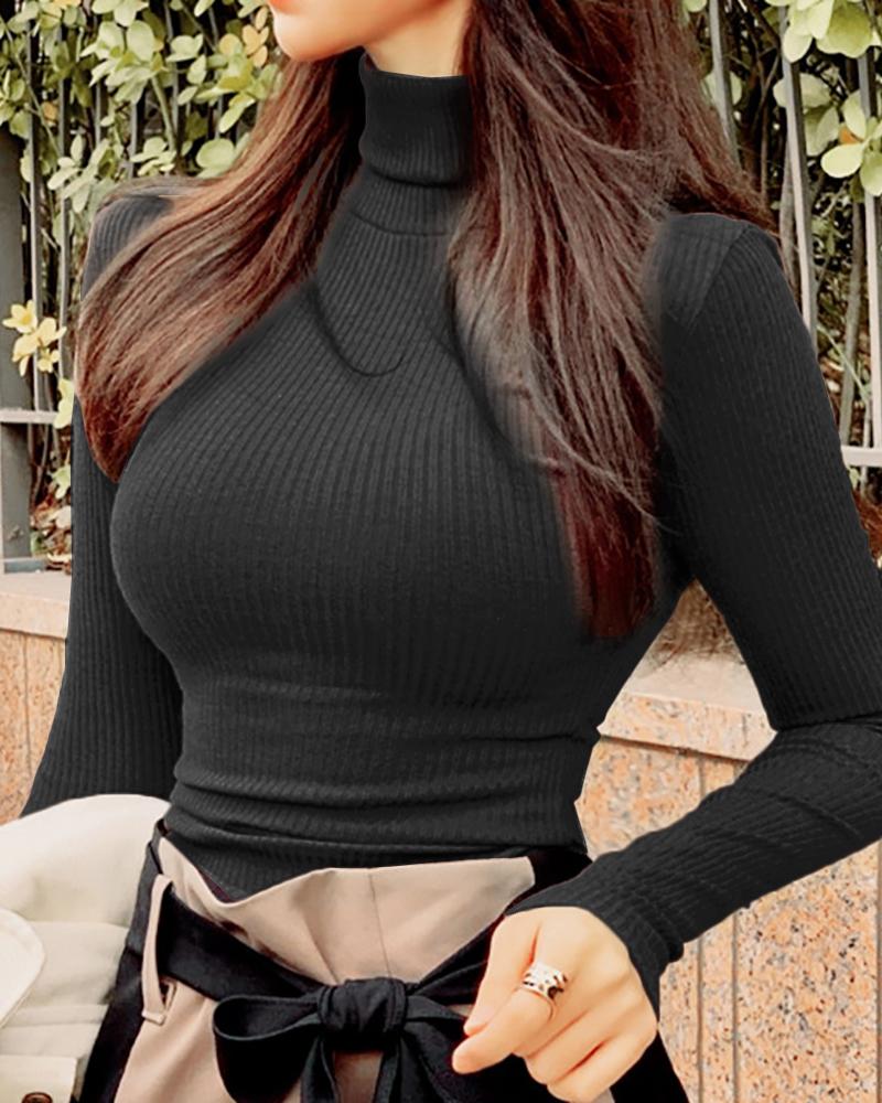 

High Neck Plain Long Sleeve Top, Black