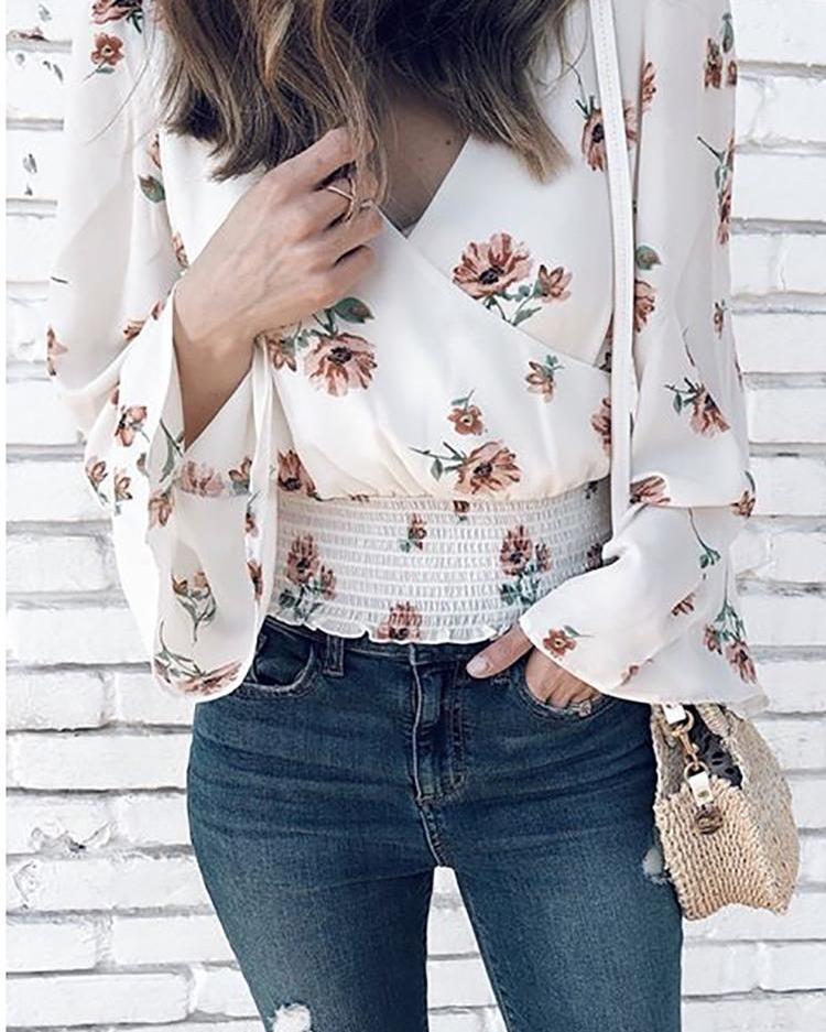 

Floral Flared Sleeve Shirring Wrap Women Blouse, White