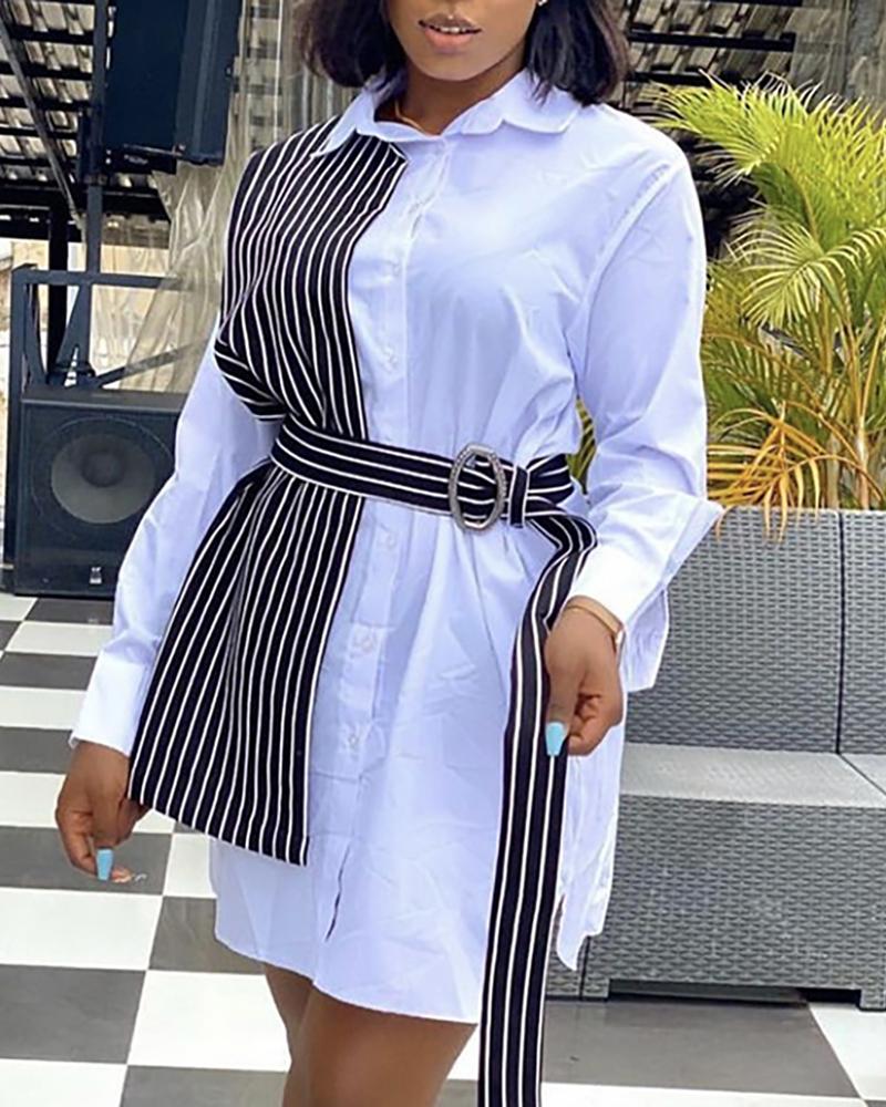 

Plus Size Striped Print Colorblock Long Sleeve Dress, White