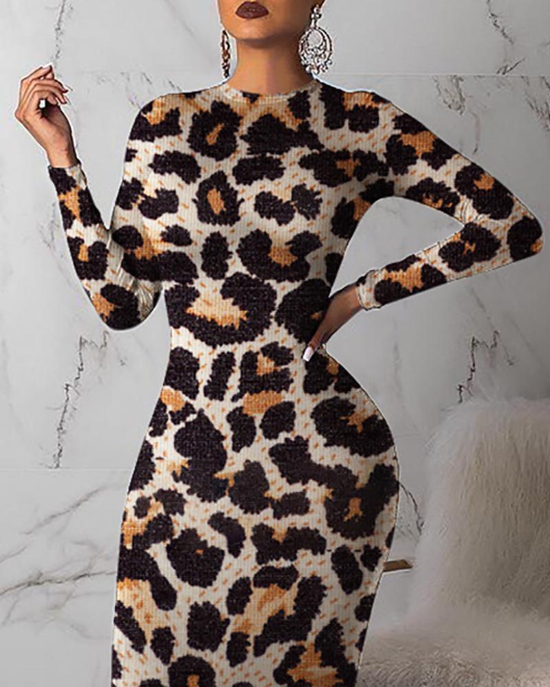 round neck abstract print bodycon dress