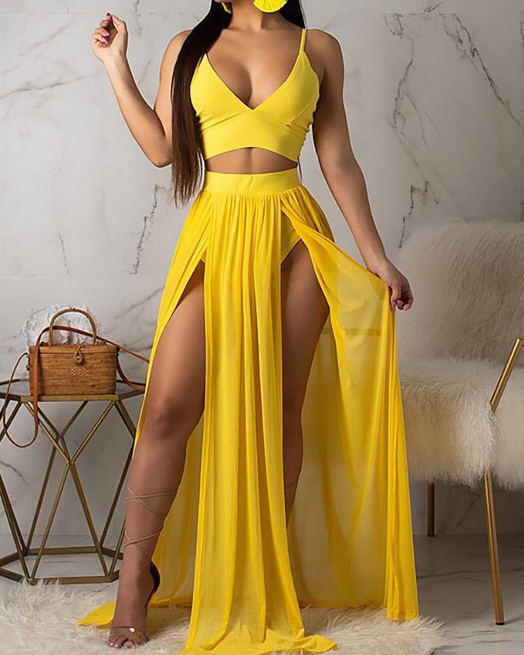 

Spaghetti Strap Crop Top & Maxi Slit Skirt Sets, Yellow