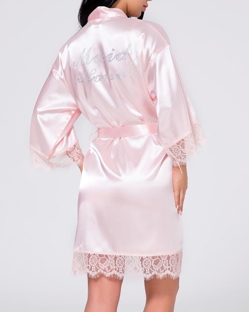 

Letter Print Half Sleeve Lace Trim Robe, Pink