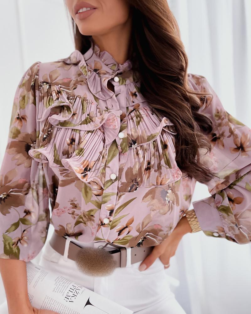 

Floral Print Ruffle Hem Design Long Sleeve Shirt, Pink