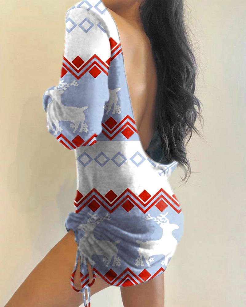

Christmas Mixed Print Drawstring Open Back Dress, Light blue