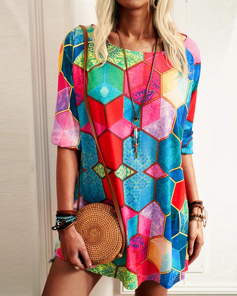 

Geo Pattern Print Colorblock Long Sleeve Casual Dress, Multicolor