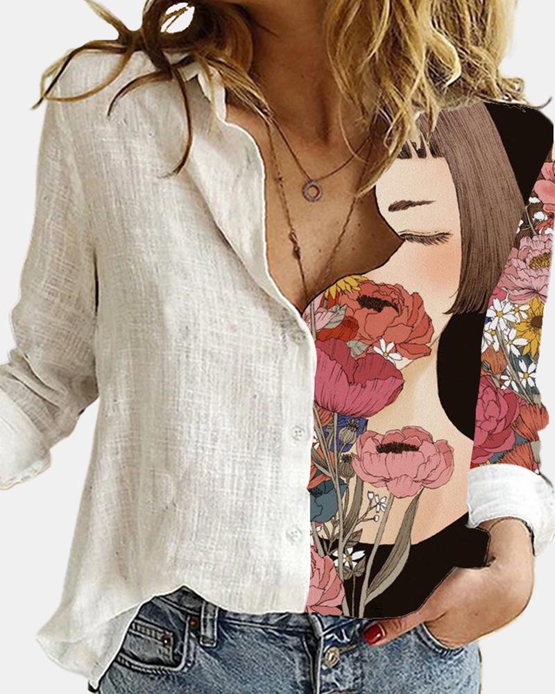 

Girl With Flower Print Long Sleeve Loose Blouse, White