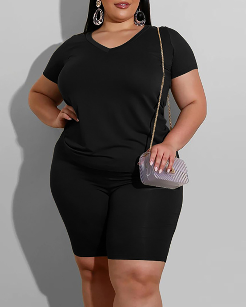 

Solid V-neck Casual Top & Shorts Set, Black