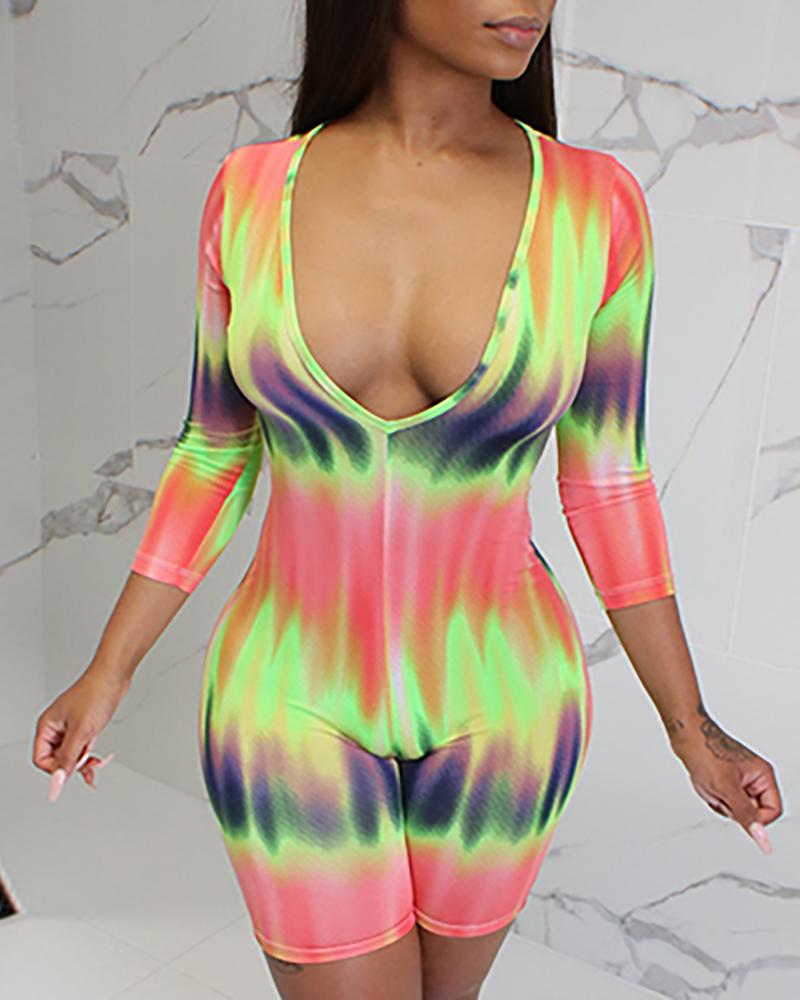 

V-neck Gradient Color Print Skinny Romper, Multicolor