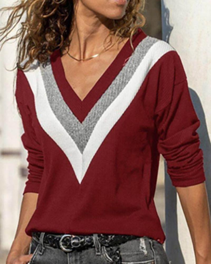 

Striped Colorblock Long Sleeve Sweater, Red