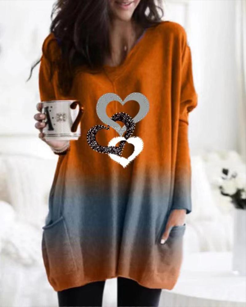 

Gradient Long Sleeve Loose Heart Print T-shirts, Orange