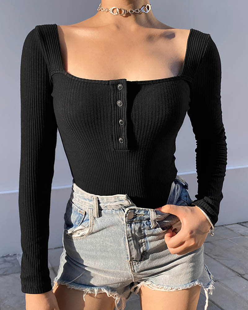 

Ribbed Button Design Long Sleeve Bodysuit, Black