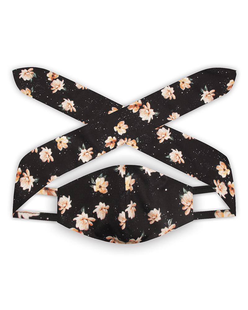 

Floral Print Hairband Breathable Face Mask, Black
