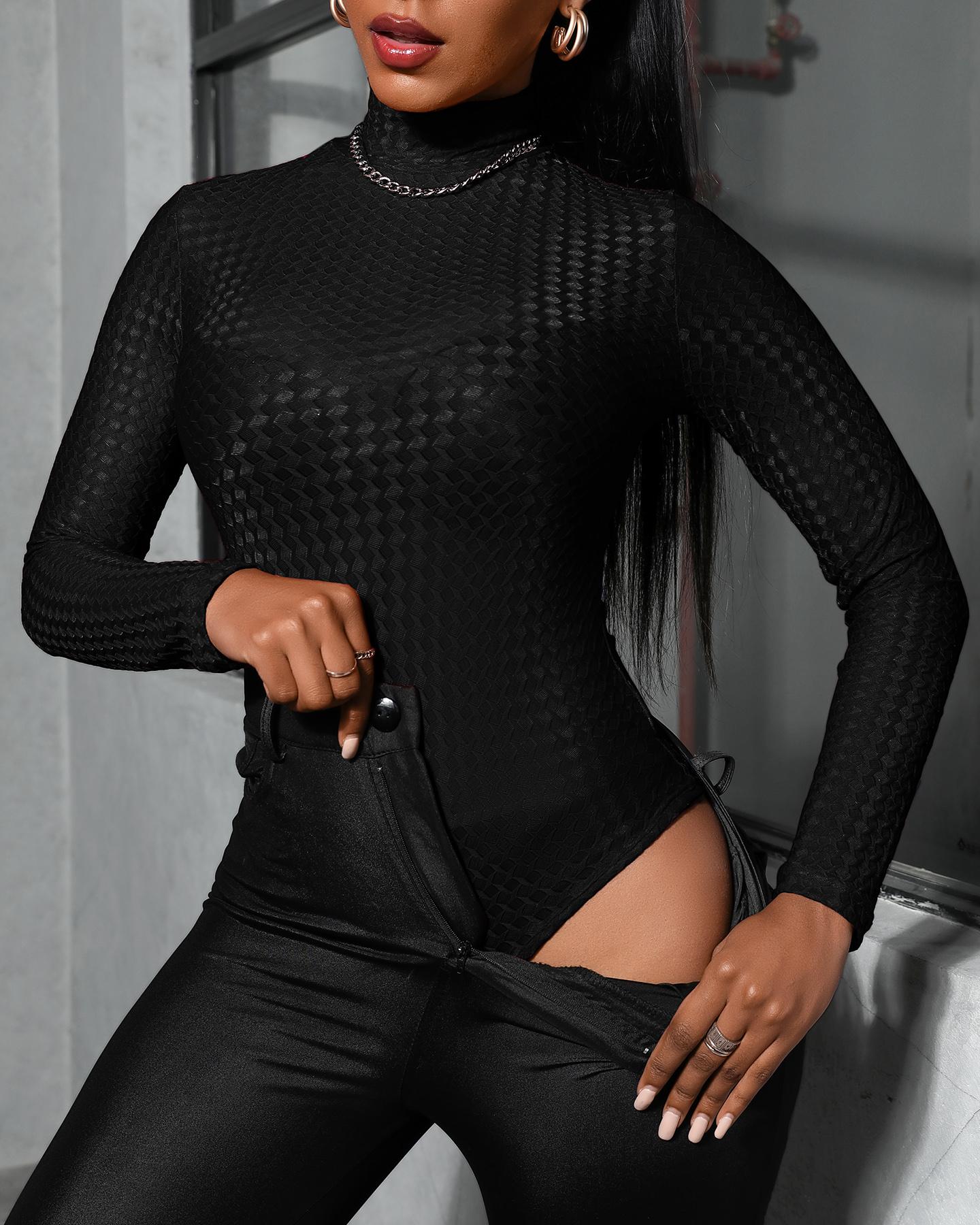 

Plain Mock Neck Long Sleeve Bodysuit, Black