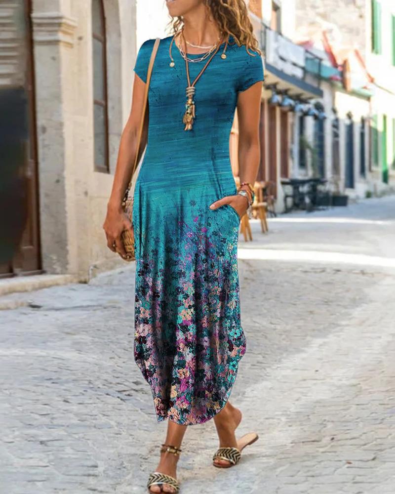 

Floral Print Colorblock Pocket Design T-shirt Dress, Blue