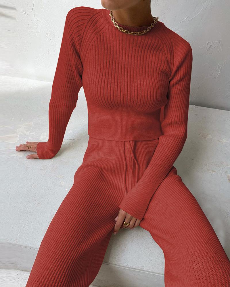 

Ribbed Plain Long Sleeve Women Top & Drawstring Pants Set, Red