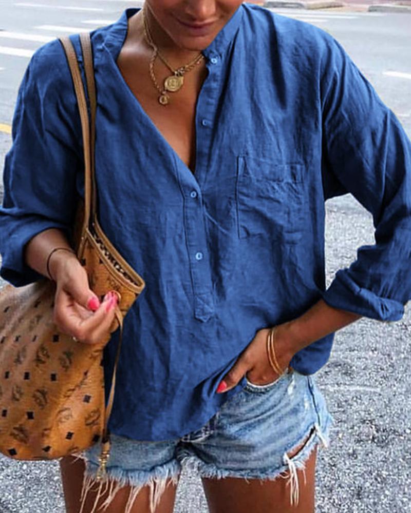 

Long Sleeve Half Button Shirt, Blue
