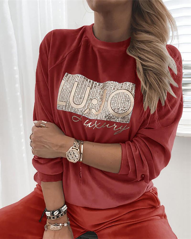 

Velvet Letter Print Round Neck Sweatshirt, Red