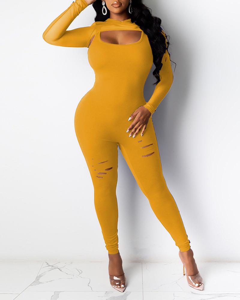 

Hooded Mesh Top & Cutout Fitted Jumpsuit Set, Yellow