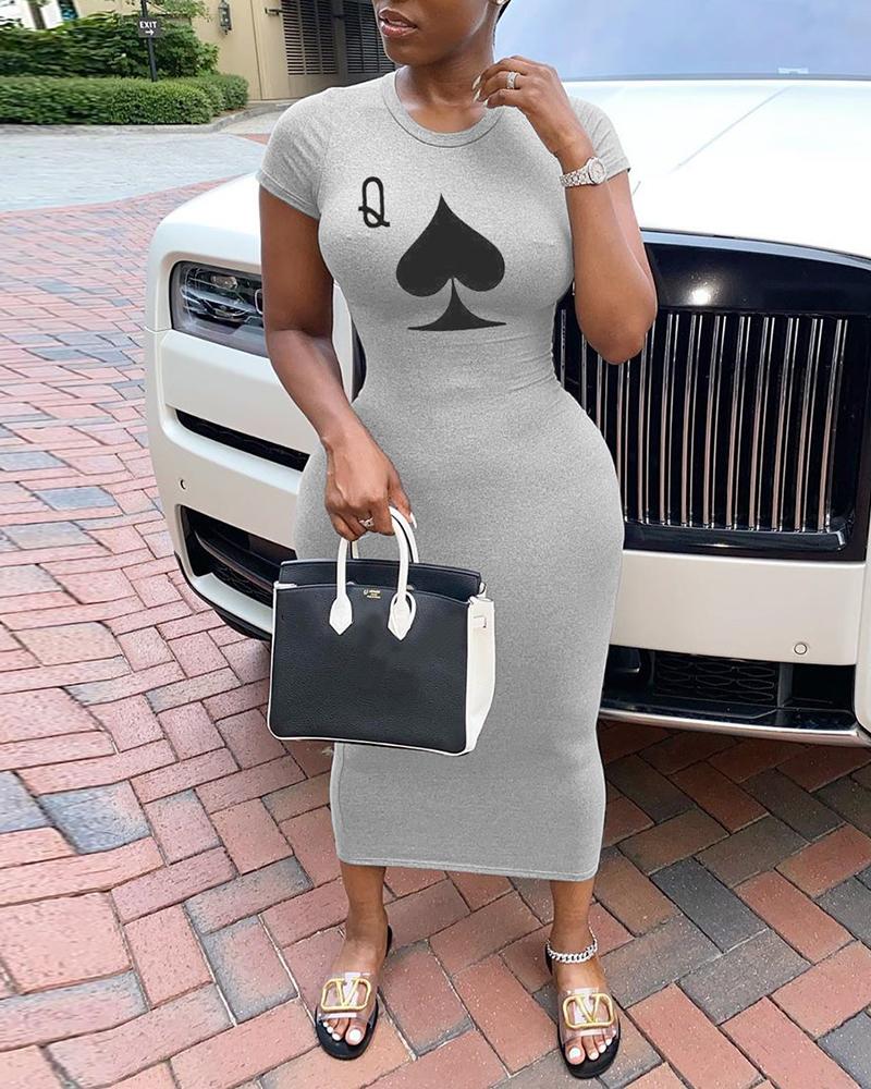 

Poker Print Solid Midi-calf Bodycon Dress, Gray