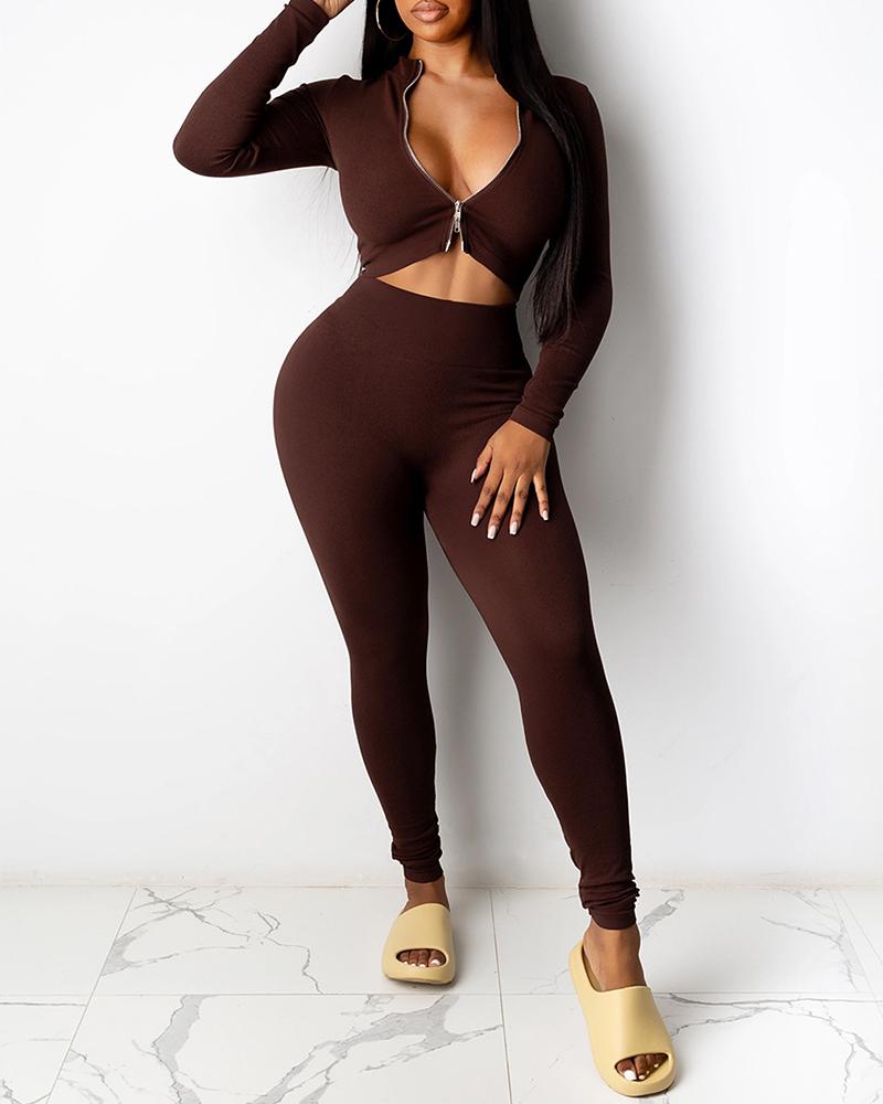 

Plain Zipper Design Top & Skinny Pants Set, Brown