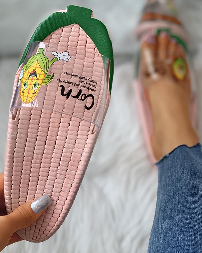

Corn Letter Print Clear Perspex Flat Slider Sandals, Pink