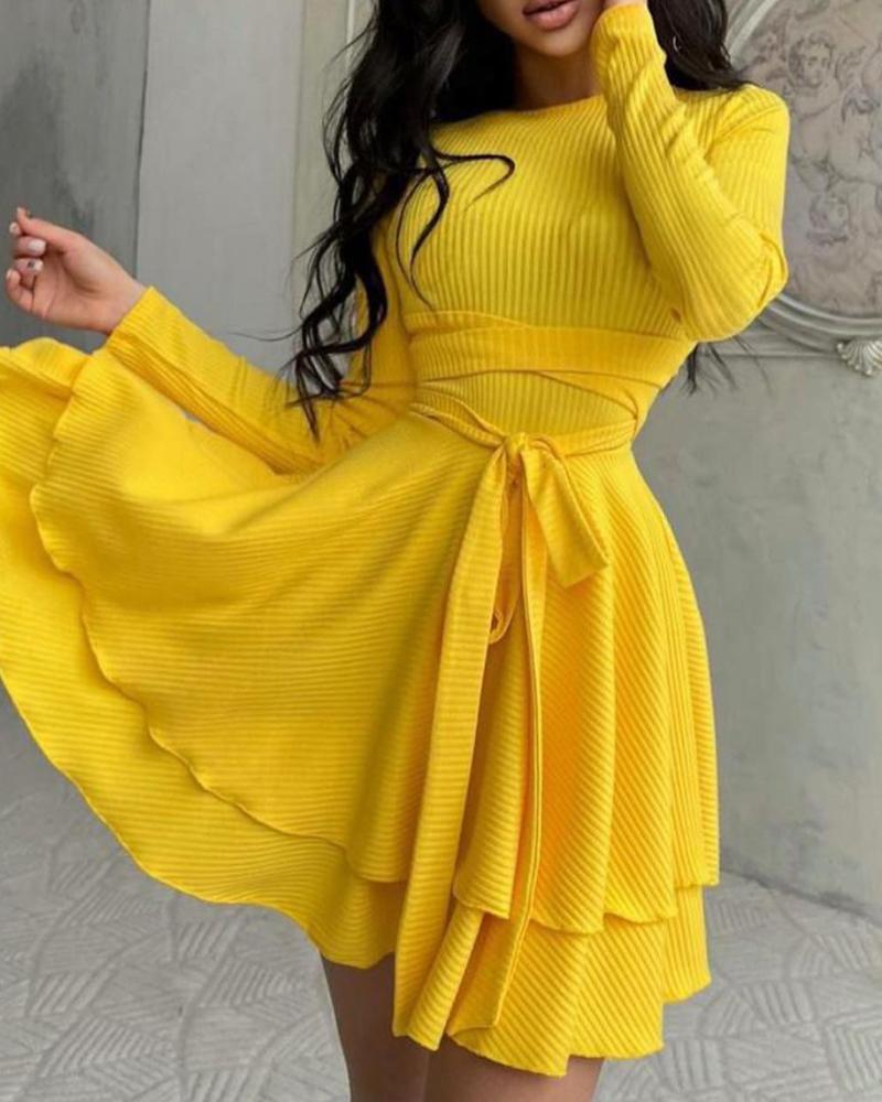

Plain Ribbed Long Sleeve Backless Ruffles Hem Mini Dress, Yellow
