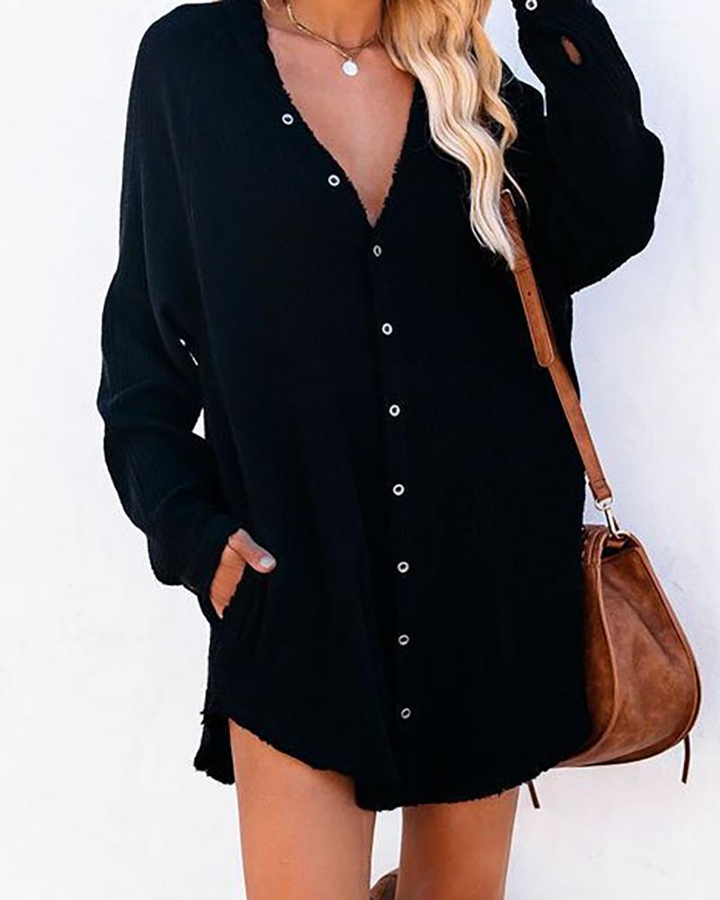 

Button Design Long Sleeve Casual Shirt, Black