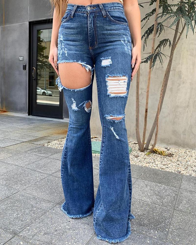 

High Waist Cutout Ripped Flared Jeans, Blue