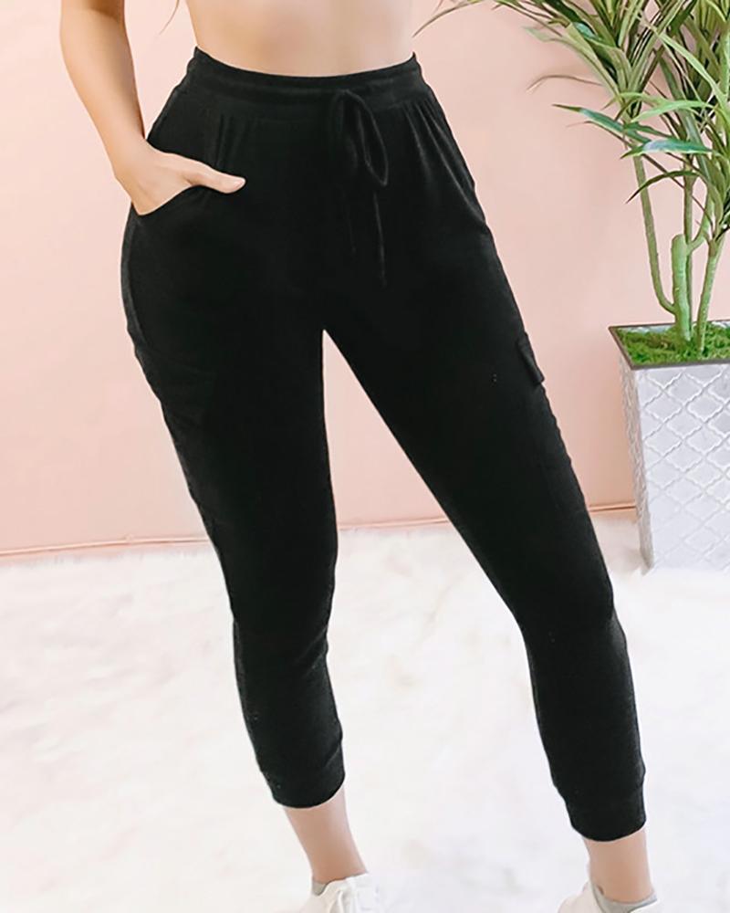 

Drawstring Design Casual Pants, Black