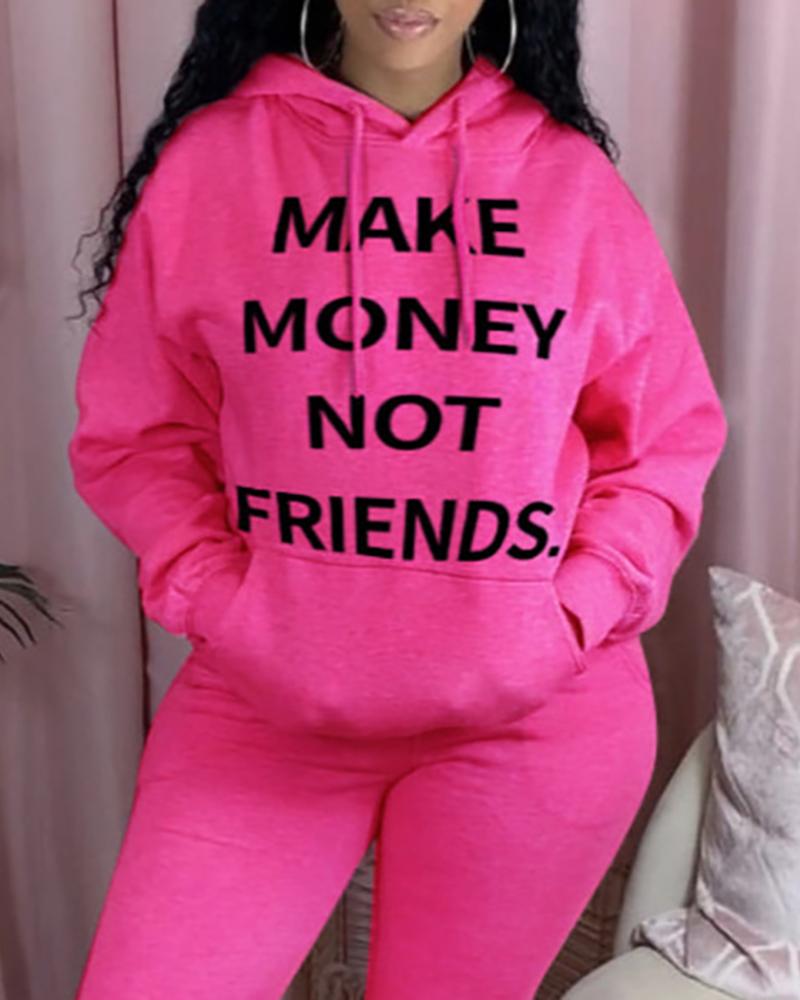 

Letter Print Pocket Design Hooded Sweatshirt, Hot pink