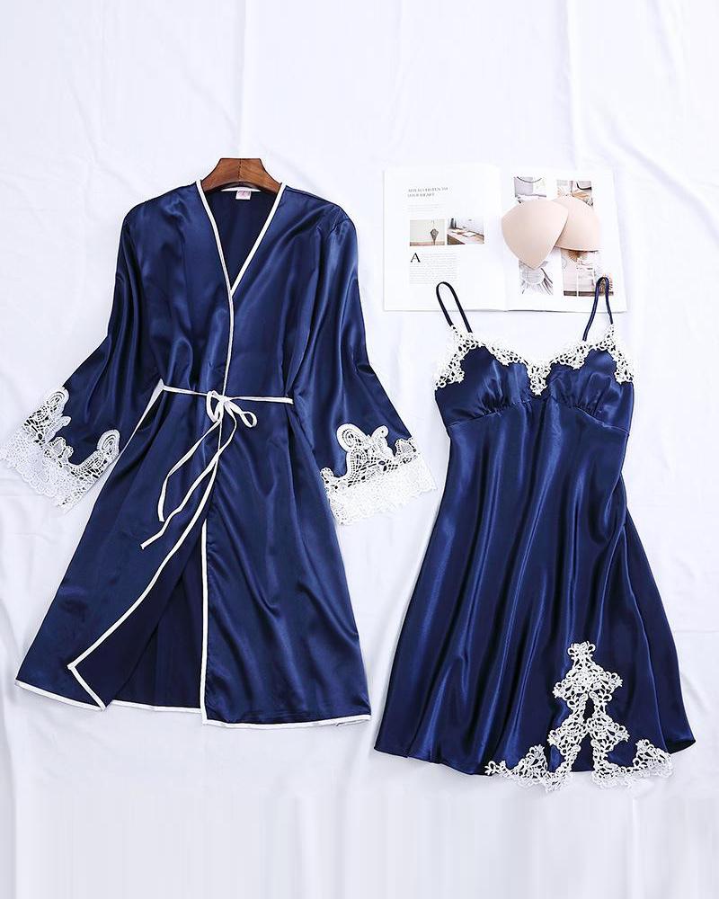 

Contrast Lace Trim Robe & Camisole Set, Blue
