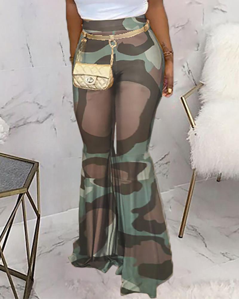 

High Waist Camouflage Bell-bottomed Pants, Army green