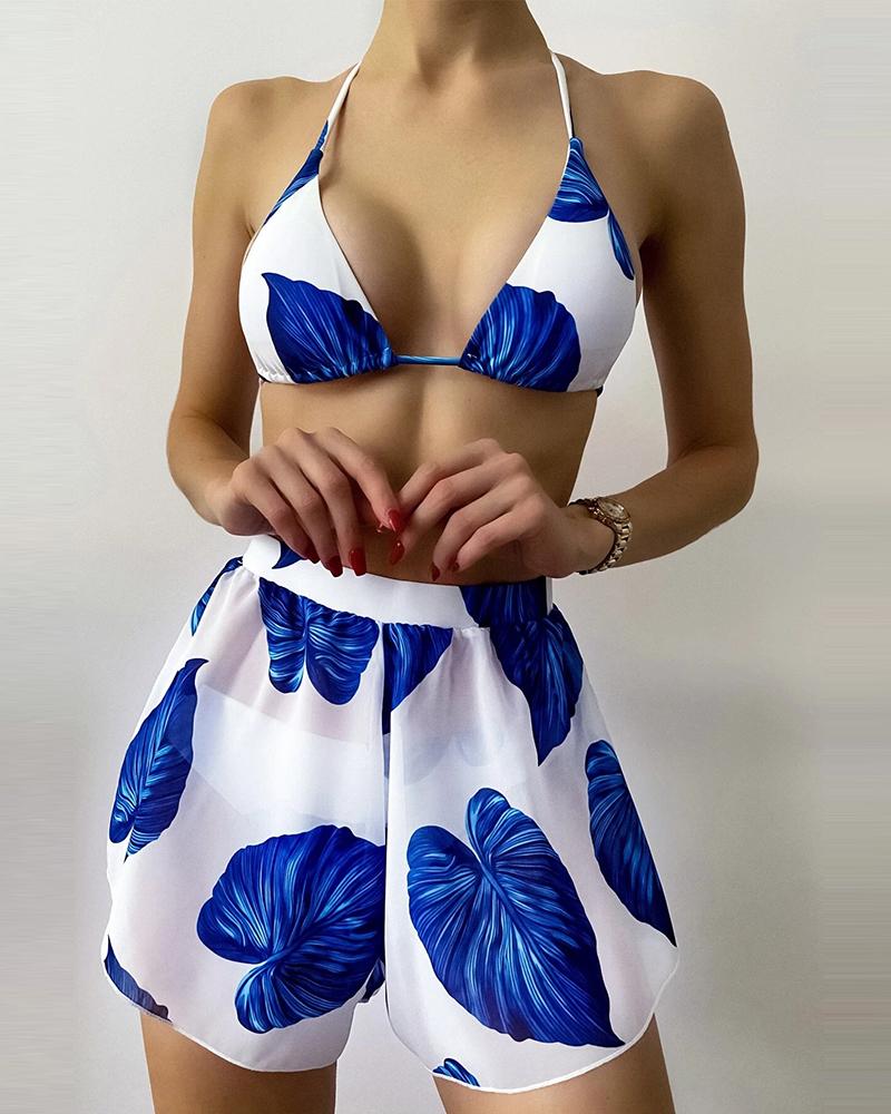 

Halter Leaf Print Bikini Set With High Waisted Cover Up Shorts, Blue