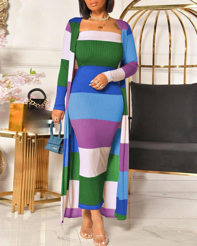 

Ribbed Colorblock Maxi Women Dress & Longline Coat Set, Blue