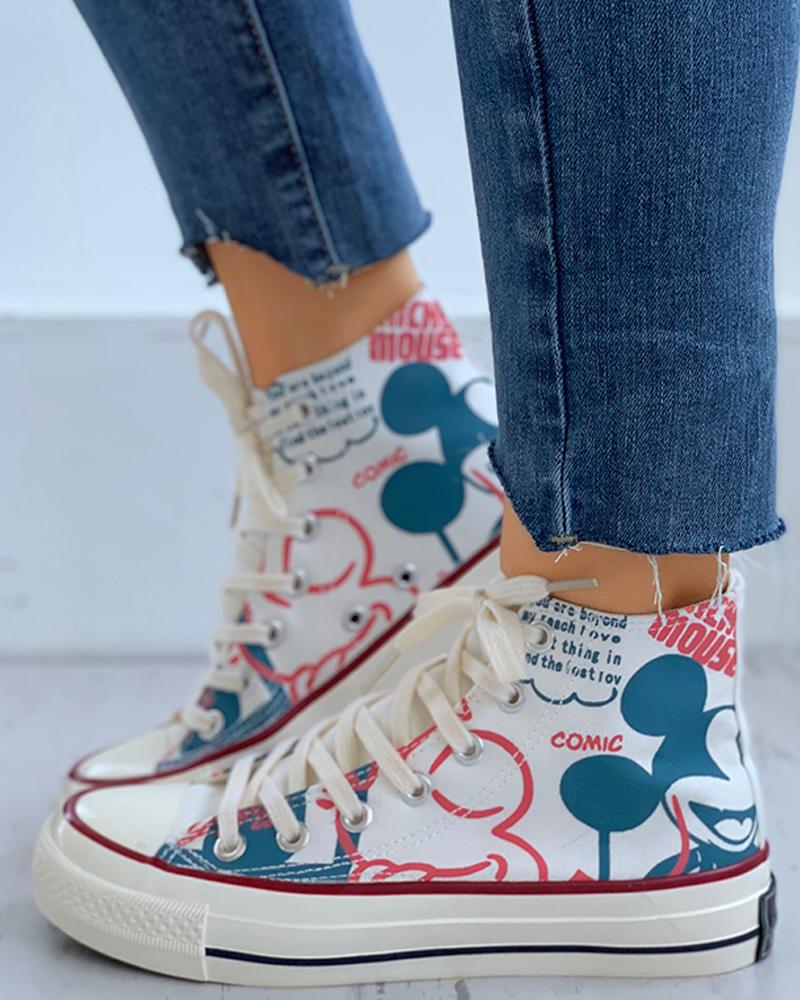 

Cartoon Print Lace-Up Casual Sneakers, White
