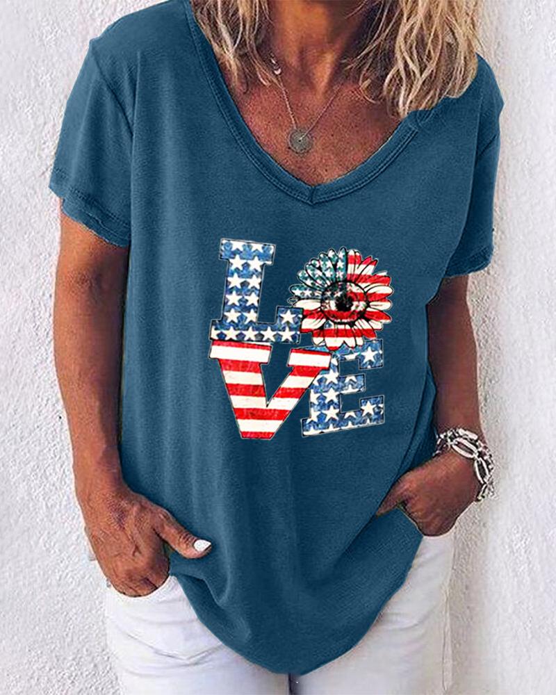 

Print V Neck Short Sleeve T-shirt, Blue