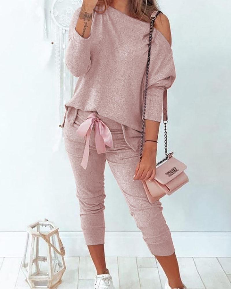 

Solid One Shoulder Bowknot Design Top & Pant Set, Pink