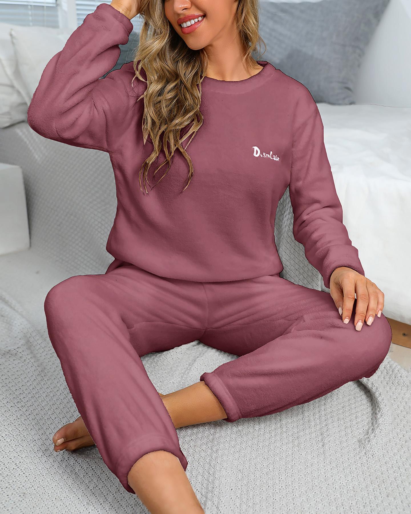 

Plain Warm Long Sleeve Top & Pants Set, Red
