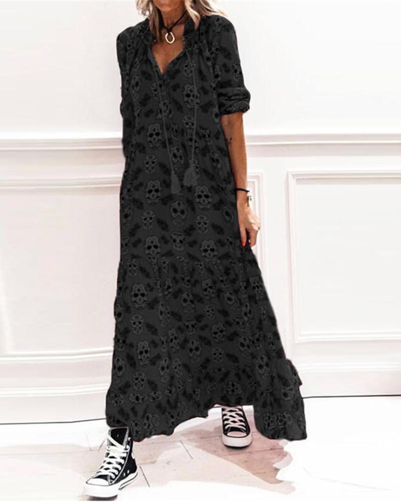

All Over Print Tassel Design Long Sleeve Dress, Black