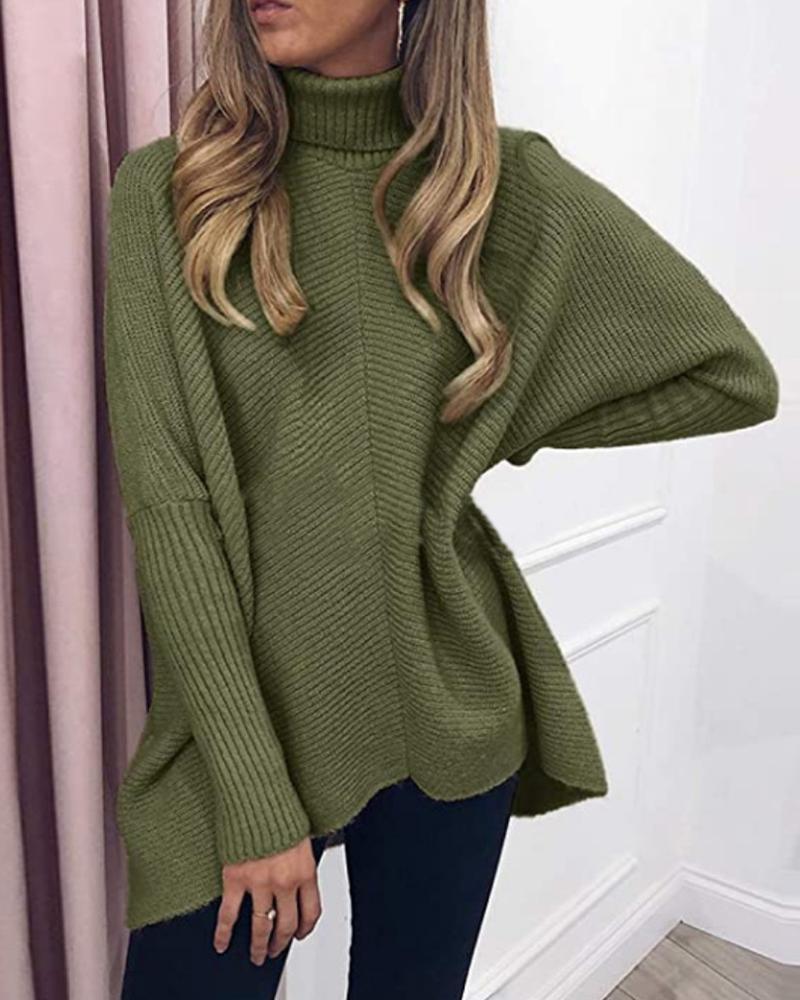 

Turtle Neck Plain Bat Wing Sleeve Sweater, Green