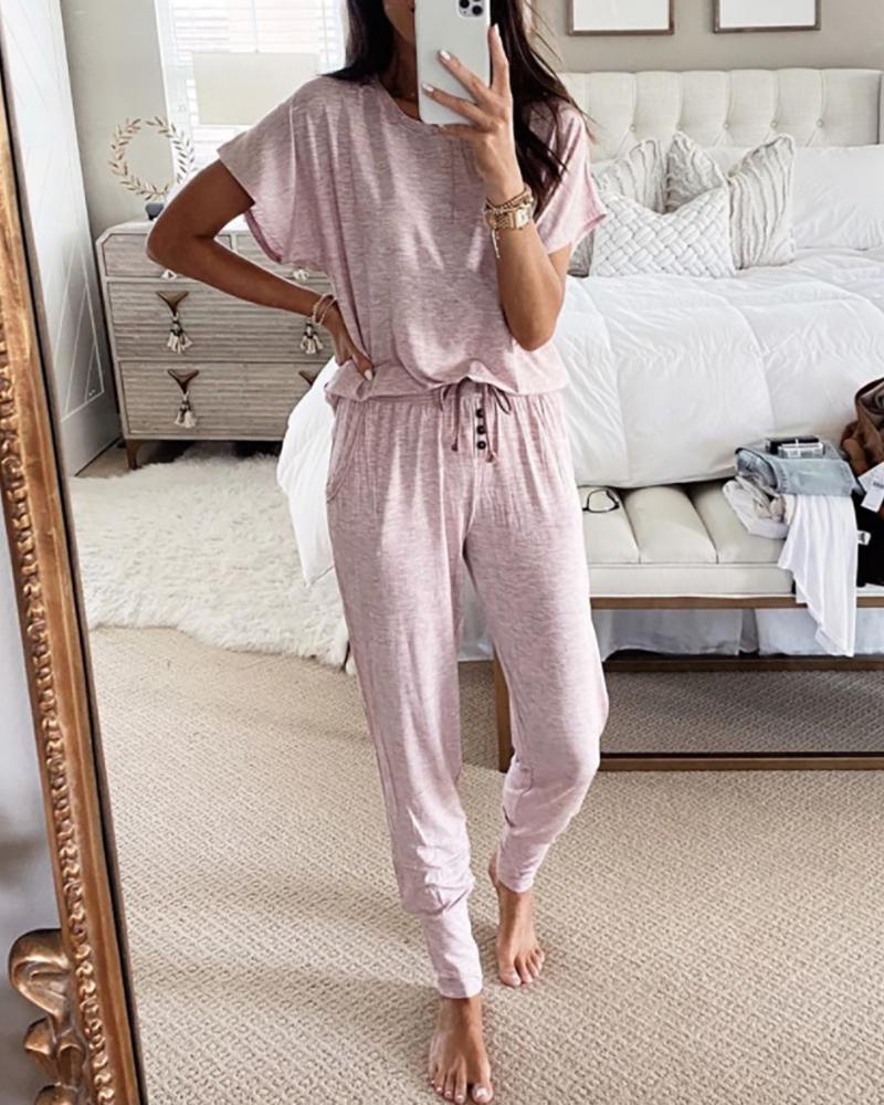 

Solid Short Sleeve Drawstring Pajamas Set, Pink