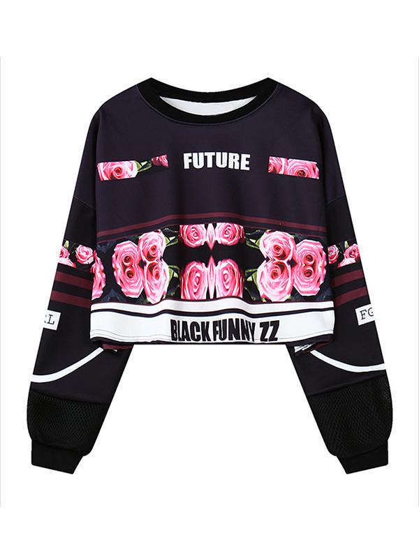 

Women's Fashion Floral Printed Hoodies Long Sleeve Loose Pullovers Harajuku O-neck Letters Sweatshirt Casual Sport Suit, Black