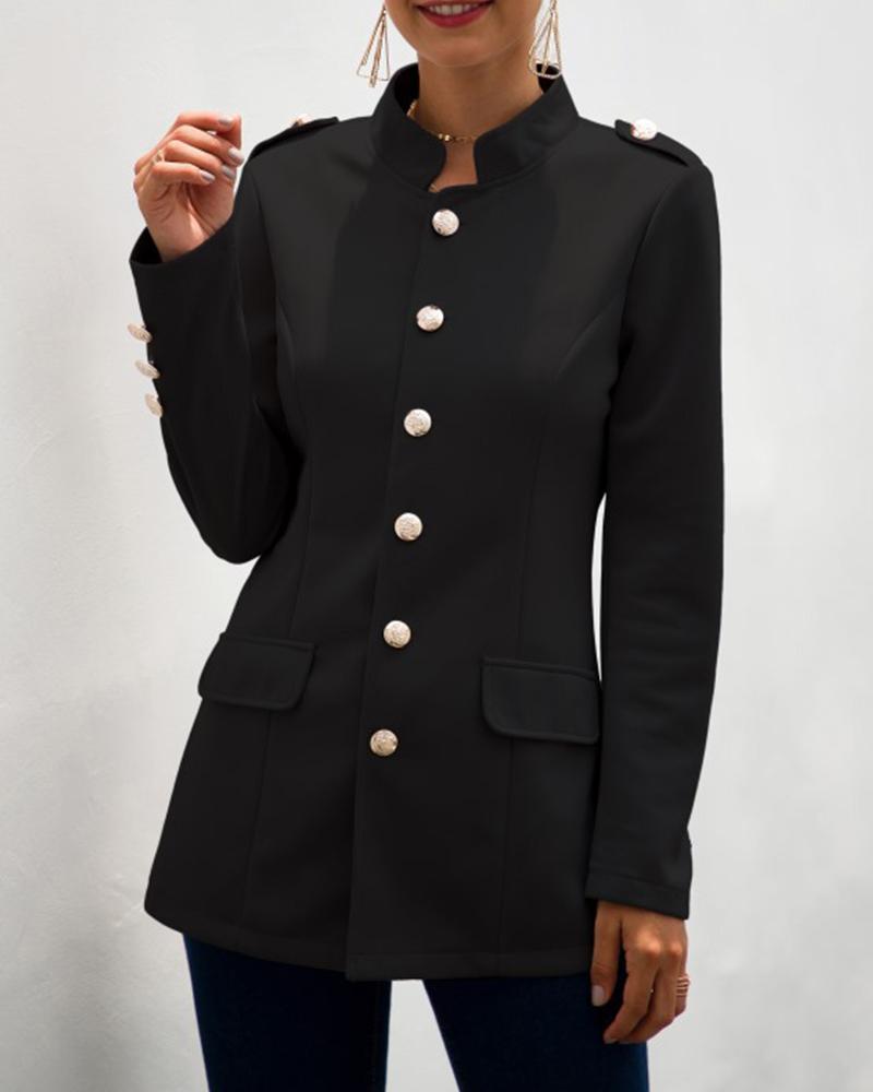 

Solid Long Sleeve Button-down Jackets, Black